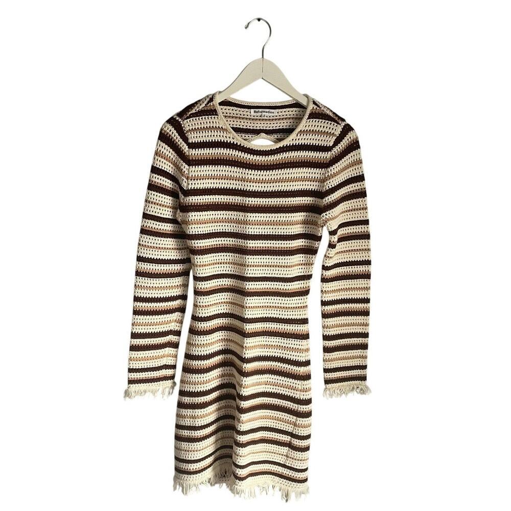 Reformation Pesca Crochet Dress Striped Brown Cream Cutout Fringe size M Boho